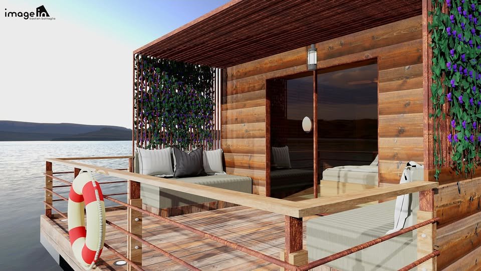 Bungalow flottant en bois sur un lac