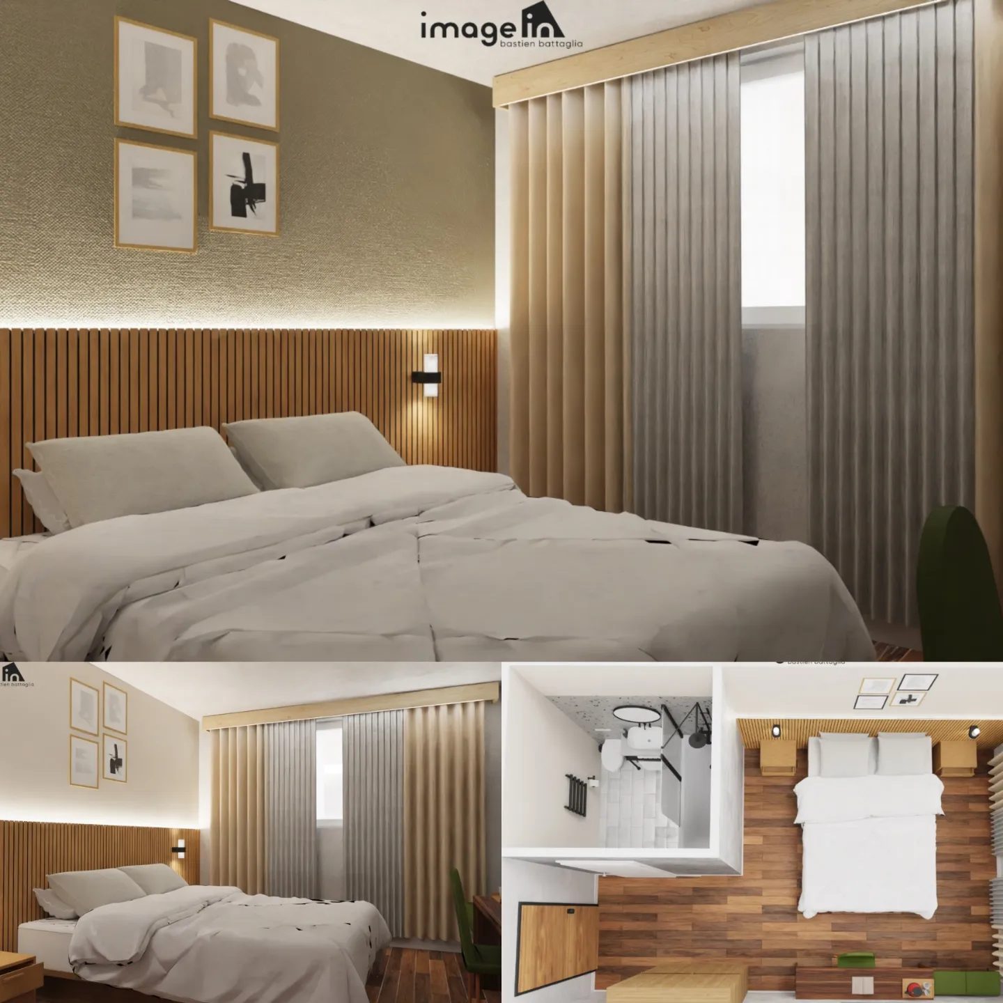 Chambre aménagée sur mesure, rendu 3D et plan