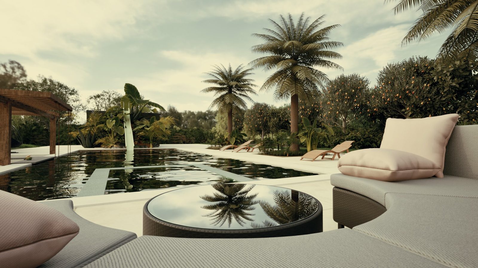 Piscine moderne entourée d'une végétation luxuriante