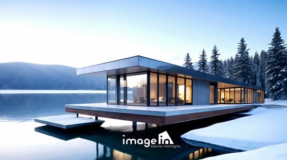 Pavillon moderne en bord de lac dans un paysage enneigé